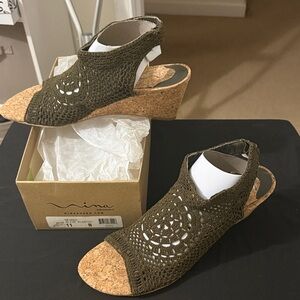 Nina Olive Crochet Cork Wedge Sandals